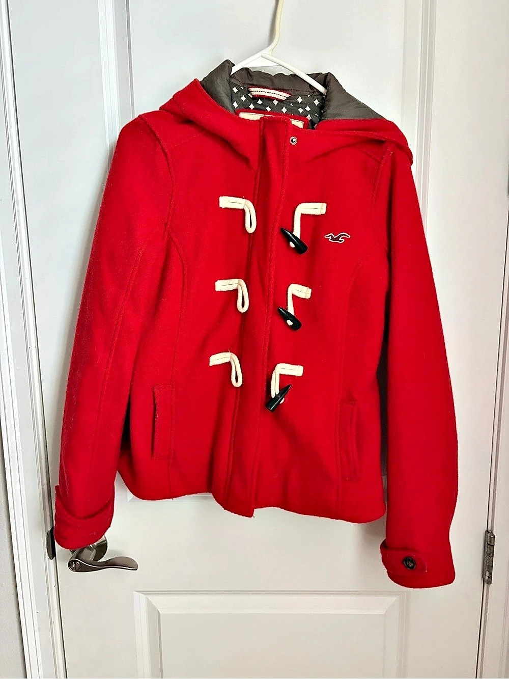 Hollister Women's Toggle Hooded Jacket Red Size Medium